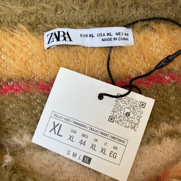 ZARA Fuzzy Striped Polo Sweater Men XL Retro 90s Cozy Knit Olive Green NWT - Picture 4 of 9